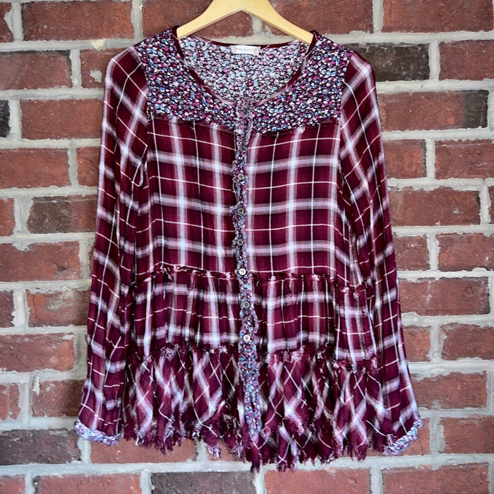 Altar’d State boho burgundy plaid blouse